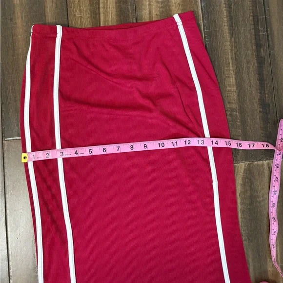 Y2K Sz S Red White Stripe Maxi Skirt Stretchy Bodycon Elastic Waist Fall Preppy - Picture 3 of 8
